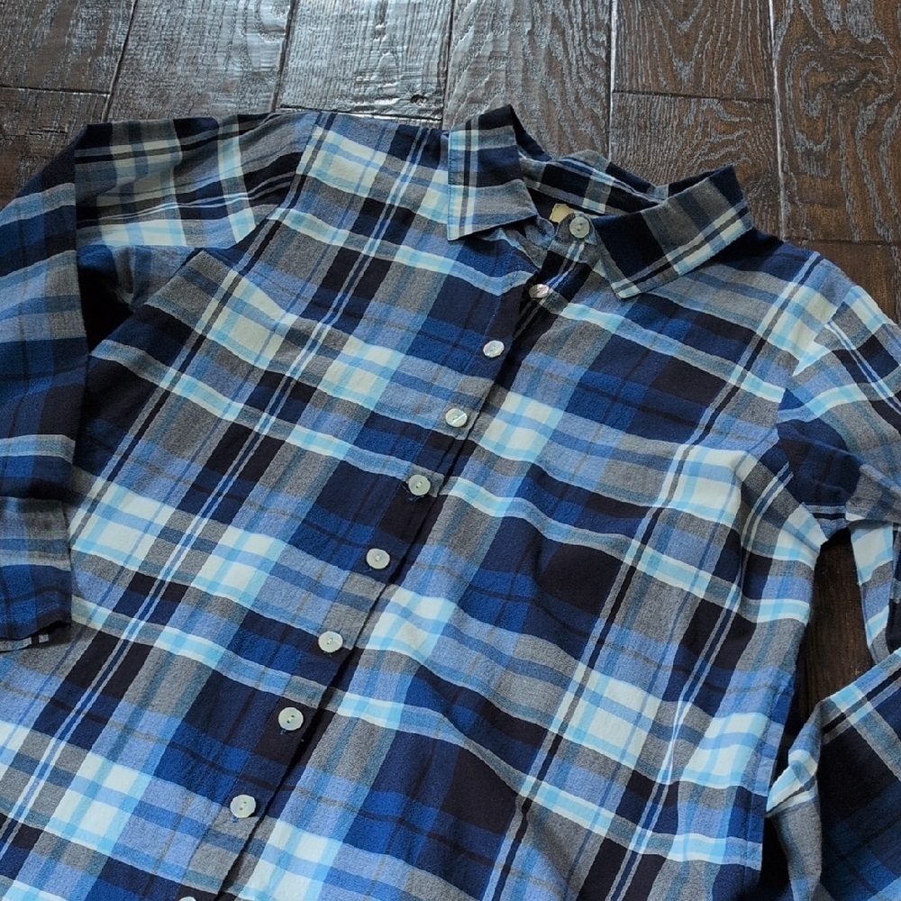 TULIP I Boutique Label Blue Plaid Asymmetrical Back Button Down Tunic Top, M